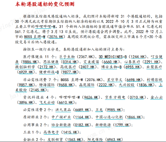 华西证券：恒生综指及港股通名单预测 巨子生物、叮当健康、Boss直聘等有望纳入